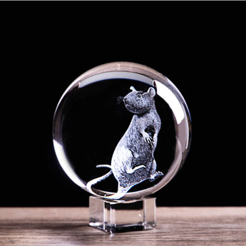 3D Laser Engraved Zodiac Rat Crystal Ball Art Animal Collectible Figurines Feng Shui Home Decor