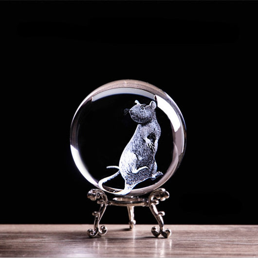 3D Laser Engraved Zodiac Rat Crystal Ball Art Animal Collectible Figurines Feng Shui Home Decor